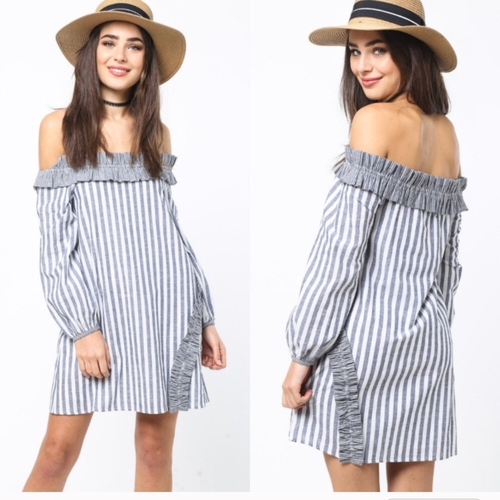 ONE L LEFT! Striped off the shoulder dress - Picture 2 of 5